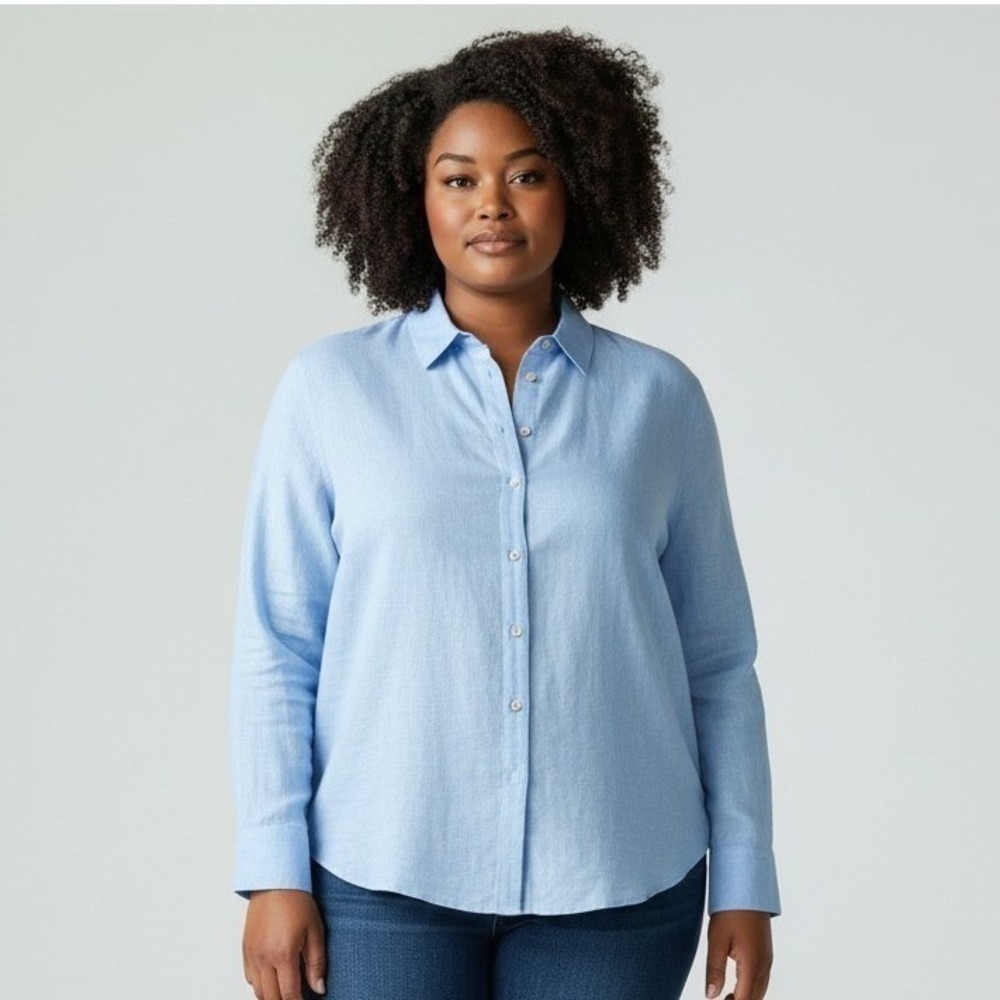 Chico's Blue 100% Linen Button Down Shirt Long Sleeve Plus Size 3.5 US 18